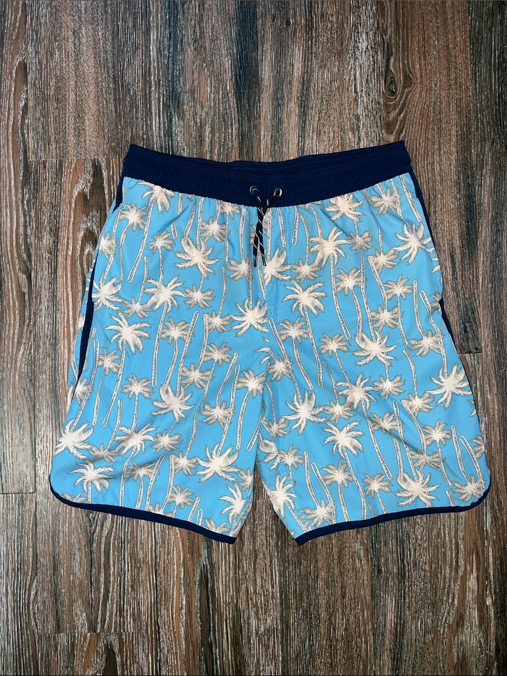 wonder nation Light Blue Palm-Print Swim Shorts with Navy Trim